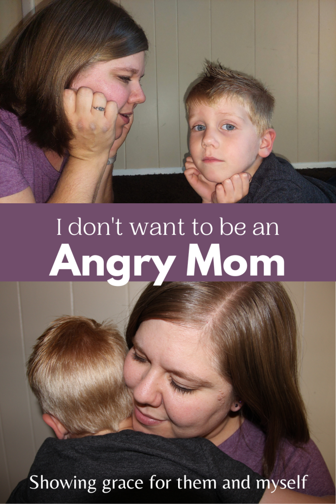 Top image: Mom instructing concerned looking child. Bottom image: Mom and child hugging peacefully.