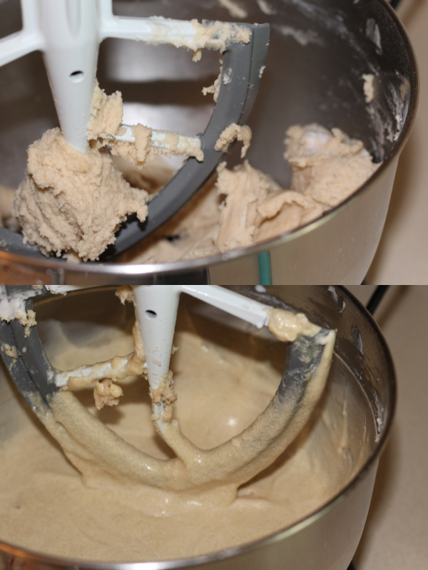 Top image of cake batter after step 3 where shortening & part of milk has been added-batter is very thick. Bottom image of cake batter after step 4 where more liquids are added and batter is smooth and runny.