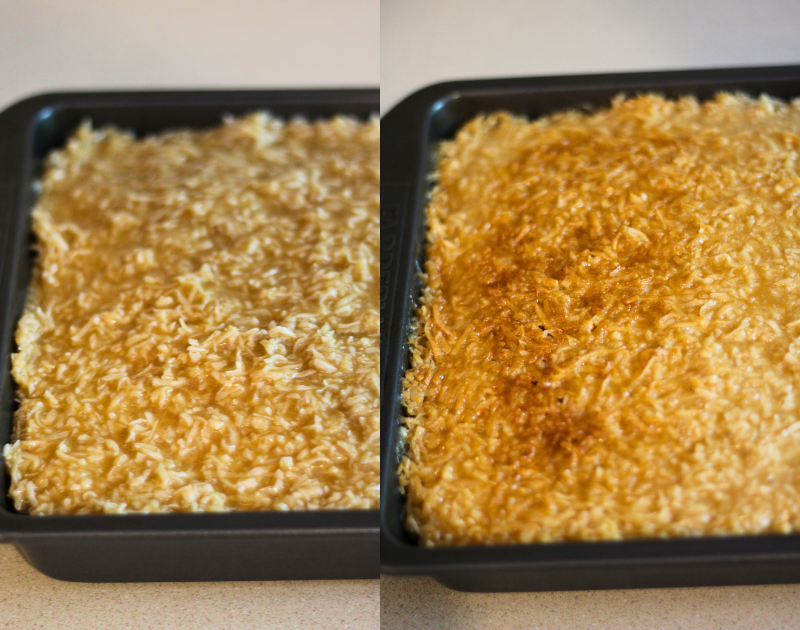 Left image of frosted lazy daisy cake before broiling; Right image of frosted cake after broiling, frosting now has a darker brown and coconut in frosting is slightly crisped