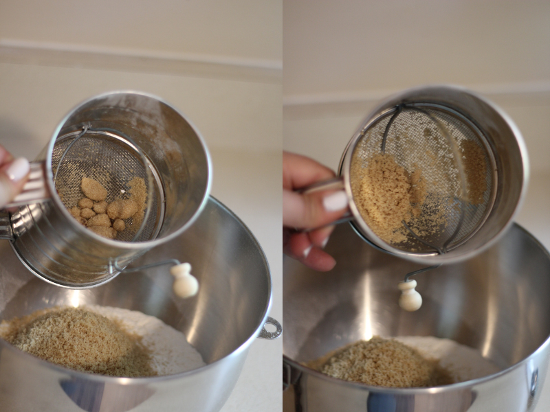 Left image of brown sugar chunks left in sifter, Right image of brown sugar after chunks have been smooshed down with a spoon in the sifter for faster sifting