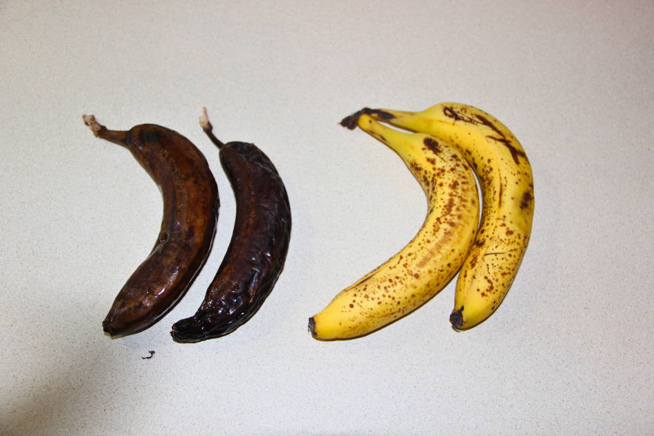 Image of ripe bananas that have been frozen on the left, image of room temp, recently ripened bananas on the right.