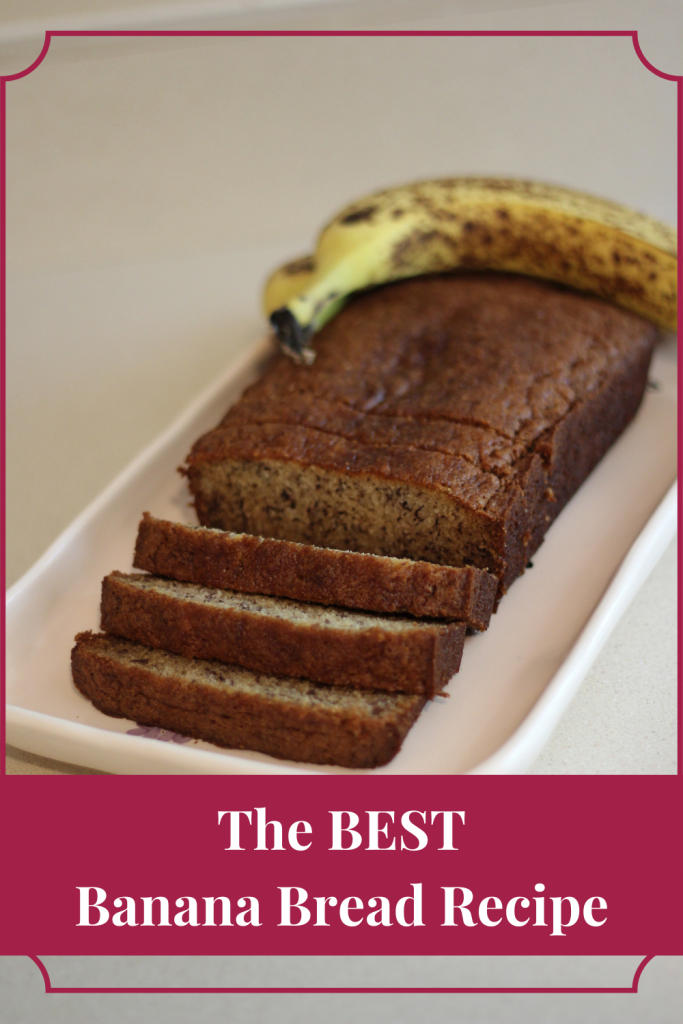 Image of the best homemade banana bread on a platter.