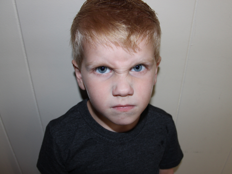 Strong-willed child glaring defiantly into the camera with wrinkled nose and furrowed eyebrows
